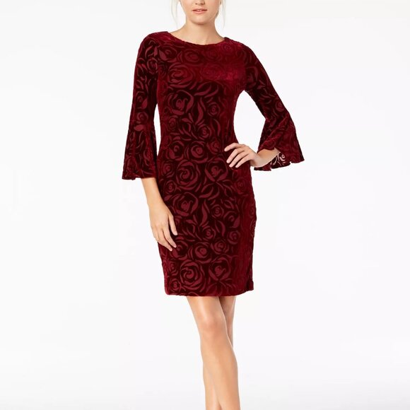 Calvin Klein Womens Burgundy Velvet Burnout Dress Bell Sleeves Size Approx 10 - Picture 1 of 7